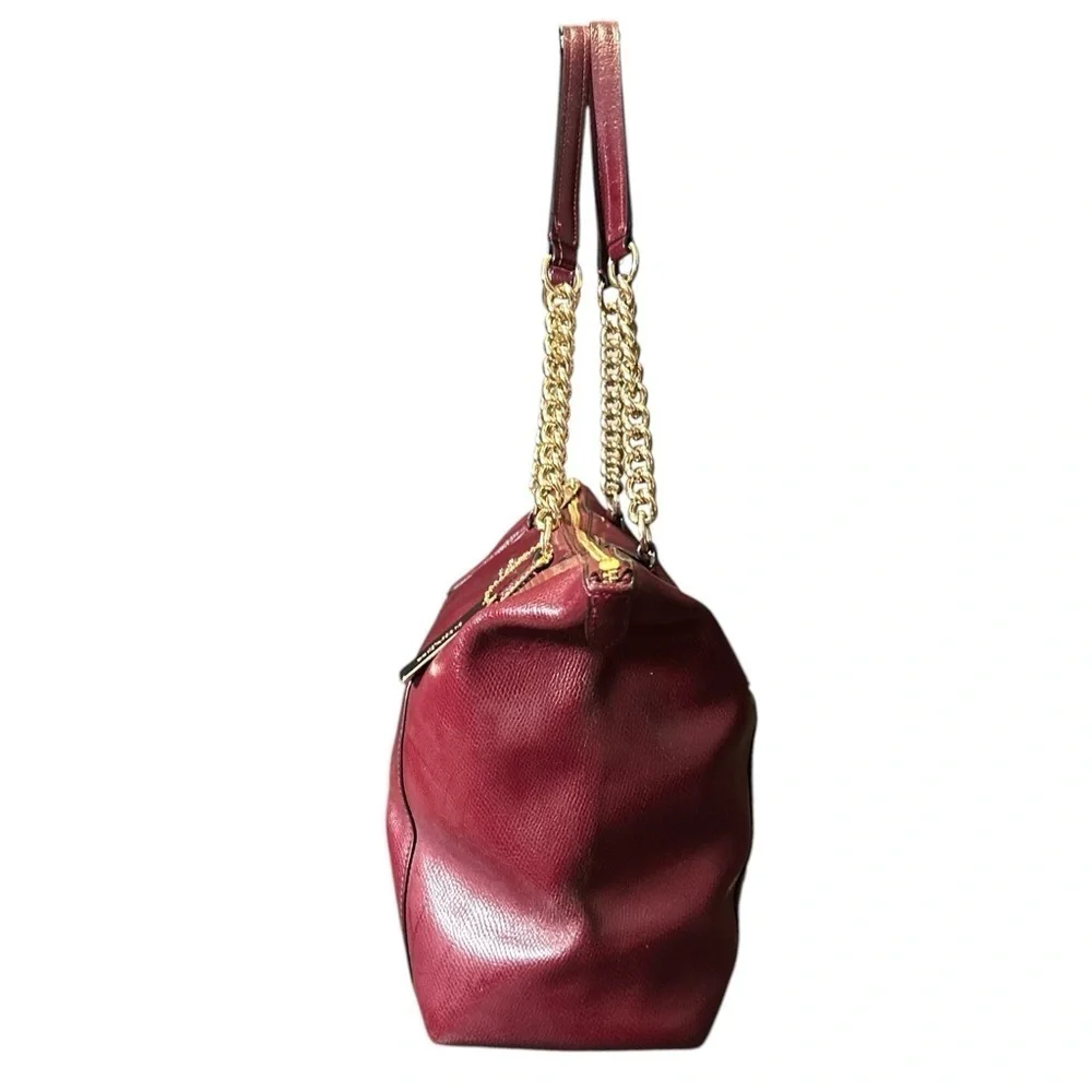 Coach Ava Bordeaux Red Pebbled Leather Tote Shoulder Bag Purse Chain Handle